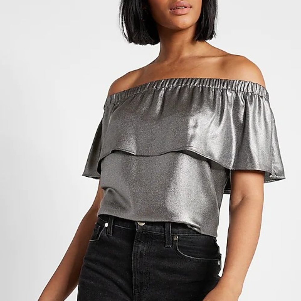 Express Metallic Off The Shoulder Ruffle Overlay Top size M